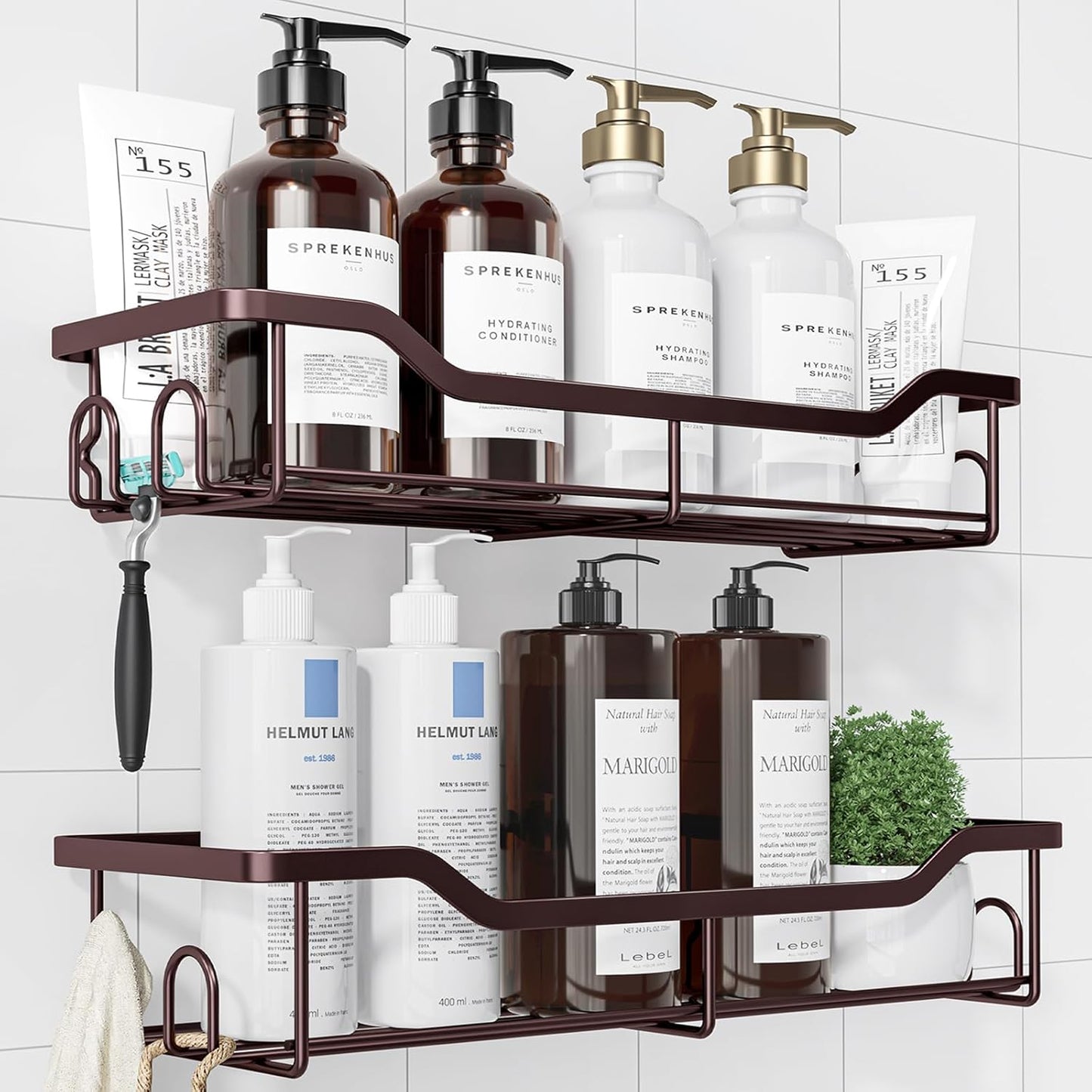 Kitsure Shower Caddy Large - Adhesive Shower Organizer, Stainless Steel Shelf for Inside Shower, No Drill Bathroom Organizers and Storage, Home Decor Accessories, 2 Pack, Brown