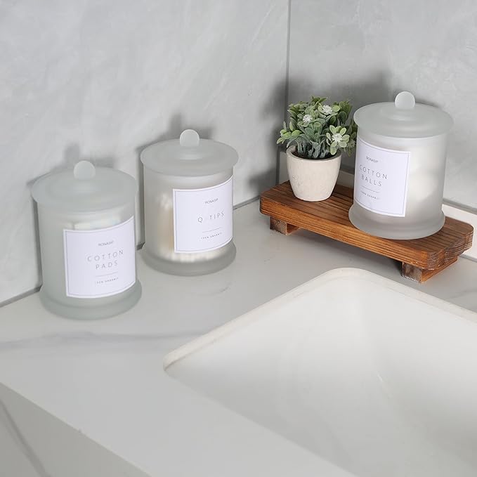 3 Pack Qtip Holder Dispenser, 16oz Bathroom Organizer and Storage Canisters, Glass Apothecary Jars with Lid - Home Decor, Room Decor Aesthetic (Frosted White)