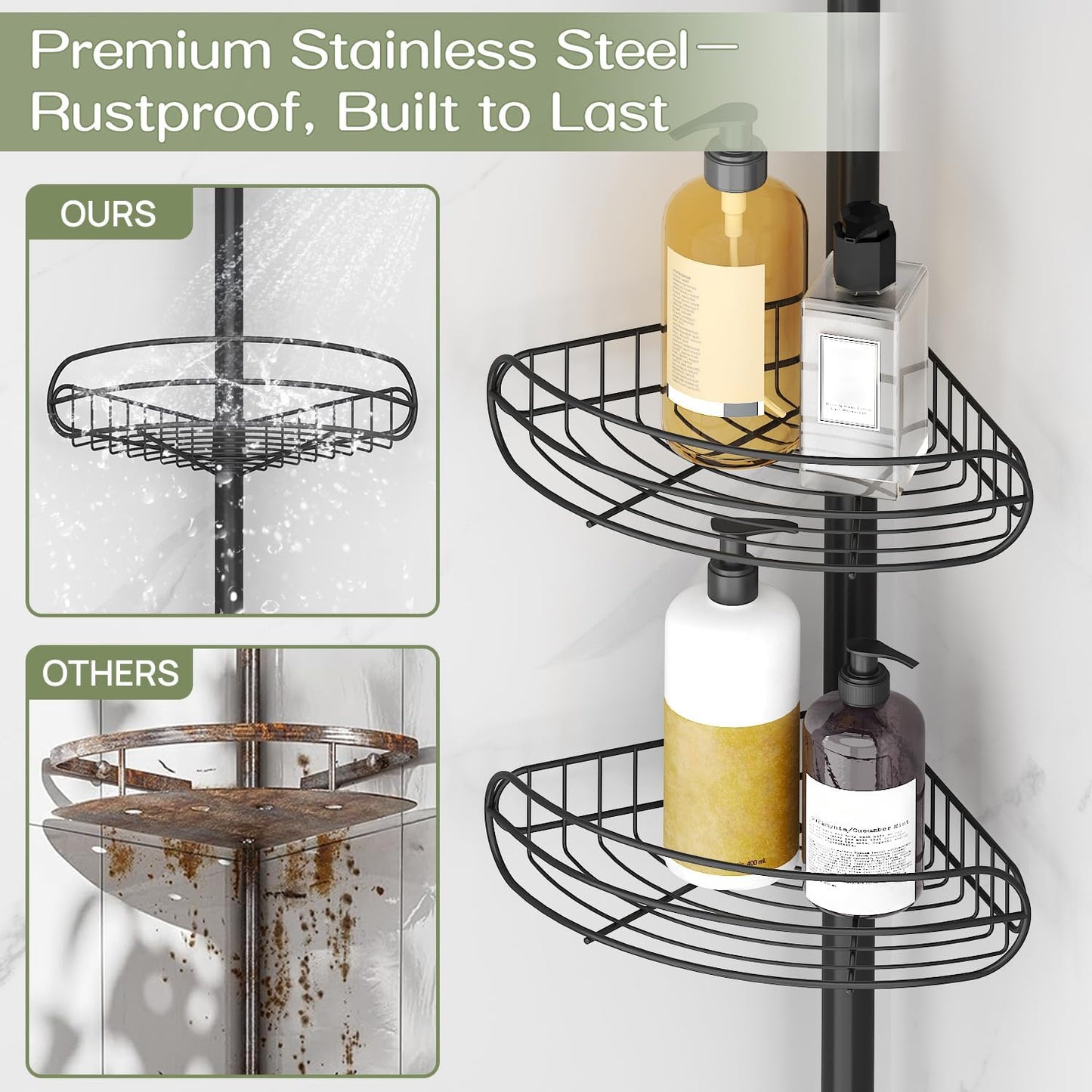 ALLZONE Corner Shower Caddy Tension Pole, 4-Tier Adjustable Shelves, Rustproof Bathroom Shower Organizer Corner for Inside Shower Storage, Tension Mounted, 39 to 115 Inch Height, Black