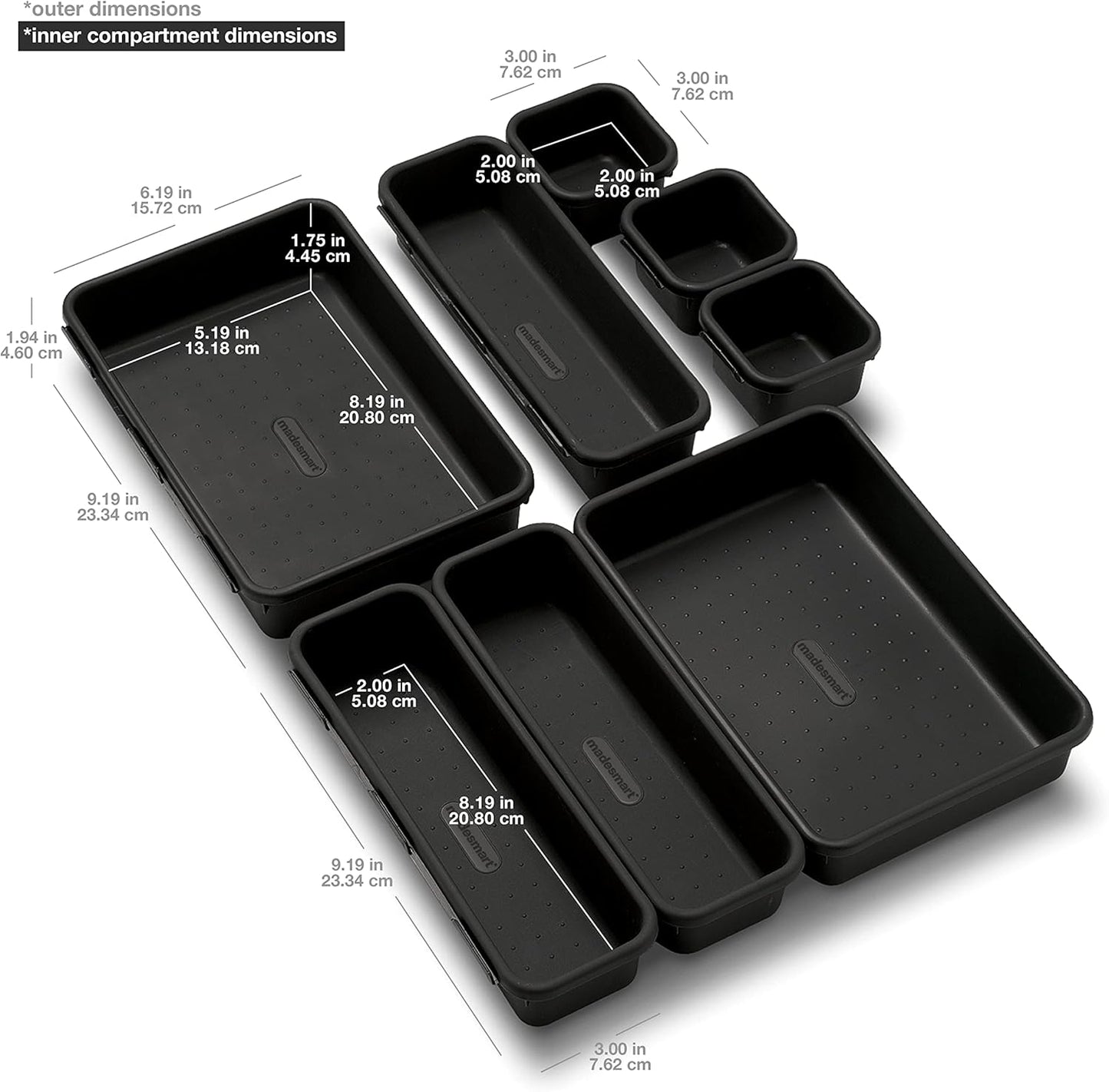 Madesmart 8-Piece Interlocking Bin Pack for Drawer Organization, Plastic Interlocking Junk Drawer Organizer Tray, Granite