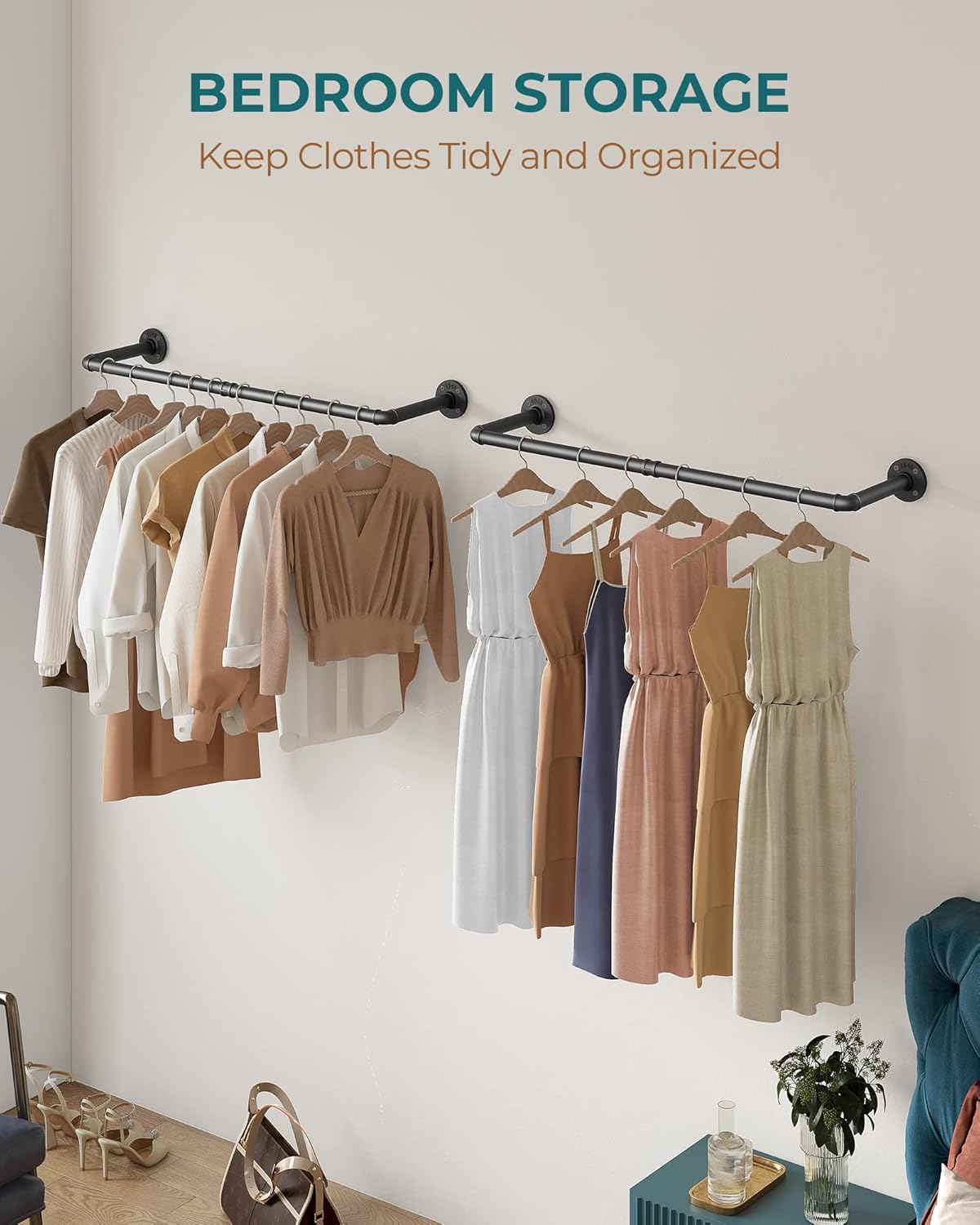 OROPY Industrial Pipe Clothes Rack Wall Mounted Set of 2, 38.4 inches Heavy Duty Iron Pipe Clothing Garment Rail, Multi-Purpose Clothing Hanging Rod for Laundry Room and Closet Storage