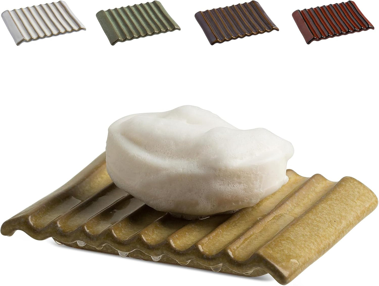 Soap Dish for Countertop with Self Drain, Ceramic Bar Soap Holder for Sink Japanese Soap Saver for Bathroom with Self Drain, Yellow