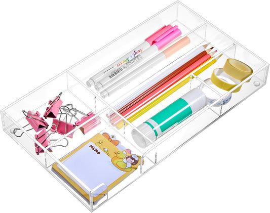 Acrylic Clear Desk Drawer Organizer 6 Section 11 x 6.1 x 1.38 Inch Storage Tray Organizer for Pens, Stationery, Desktop, Office, Bathroom, Kitchen, Makeup Supplies