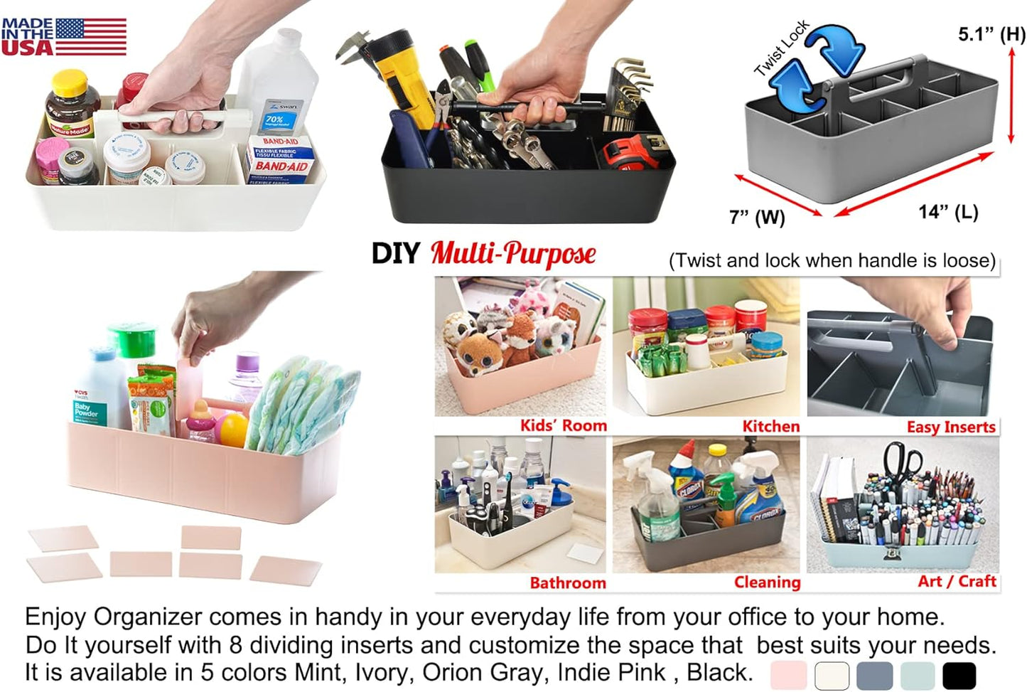 New Plastic Portable Makeup Organizer Caddy Tote Divided Basket Bin with Handle, for Bathroom Storage - Holds Blush Makeup Brushes, Eyeshadow Palette, Lipstick - Extra Large Made In USA (Black)