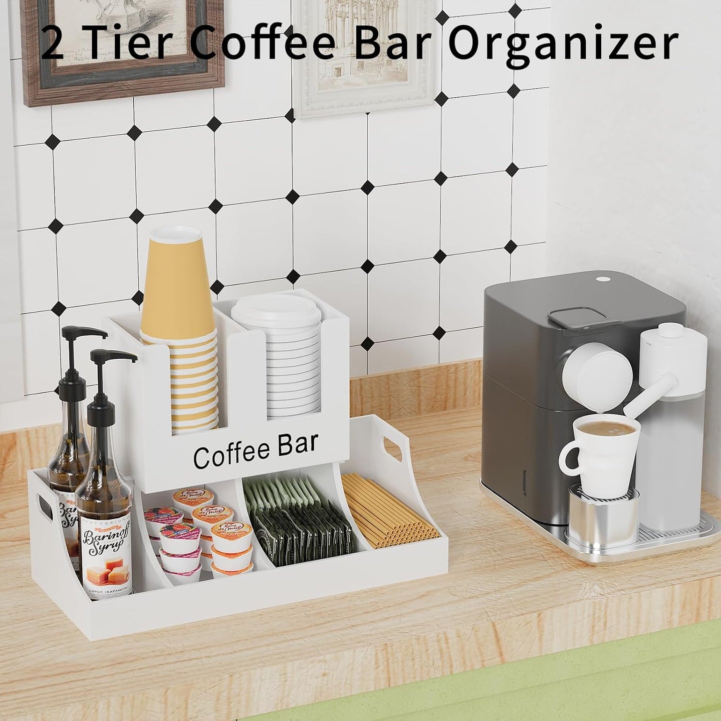 Coffee Station Organizer, Wooden Coffee Bar Organizer for Countertop, Condiment and Cup Storage Organizer, Bar Accessories for Kitchen, Office, Home, White