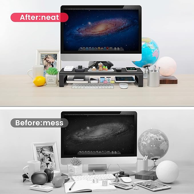 Vaydeer Wireless Charging and USB 3.0 Monitor Stand, Monitor Riser for Desk with Storage, Single Shelf Holder Raiser Organizer for Computer iMac Laptop PC Screen, Heavy Duty Gift Gaming Studio Office