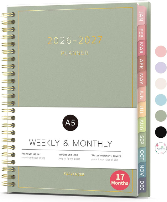 Forvencer Planner 2026-2027, 17 Month Weekly and Monthly Calendar Planner, Jan 2026 -May 2027, 6.3" x 8.4", Daily Agenda Book with Tabs, College Organizer Notebook, School Supplies for Student Teacher Classroom, A5, Green