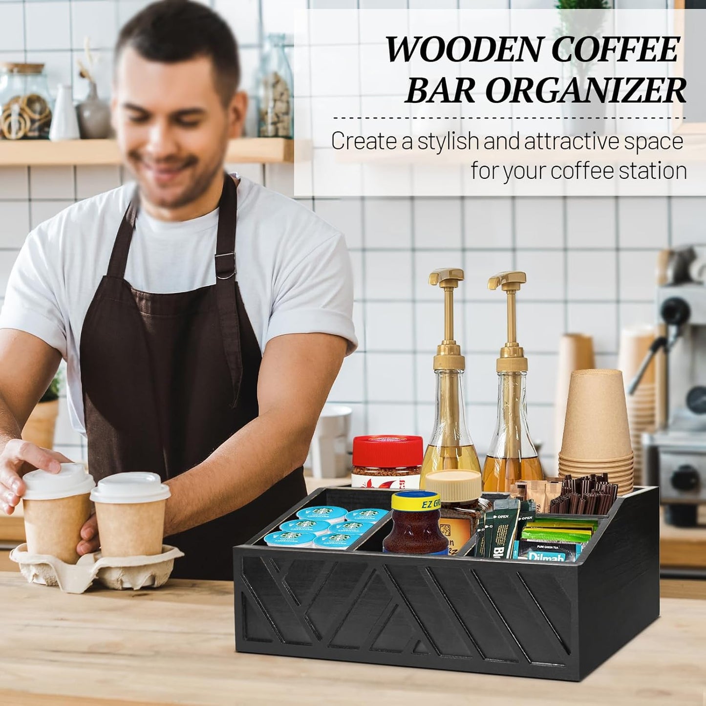 ugiftt Coffee Station Organizer for Counter, Wood Coffee Pods Holder Storage Basket, Tea Condiment Storage Organizer, Rustic Bar Decor for Accessories Organizer