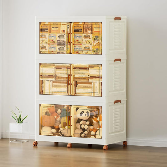 JEKO&JEKO 608Qt Foldable Storage Bins with Lids, Doors & Dividers, Stackable Plastic Drawers with Wheels for Home, Closet & Garage Organizer, 3 Pack, Cream