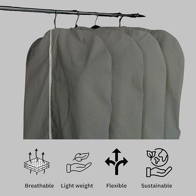 Premium 100% Cotton Garment Bags – 35" Gray Canvas Suit Cover with YKK Zipper – Breathable, Dust-Proof Storage for Suits, Coats, Dresses, Jackets & Travel/Closet Use