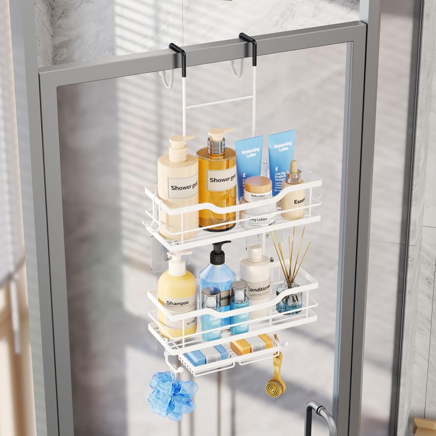 Consumest Over The Door Shower Caddy - 3 Tier Shower Organizer Hanging with Soap Holders, Large Capacity Shower Shelves with 6 Hooks, Bathroom Rack and Storage, White