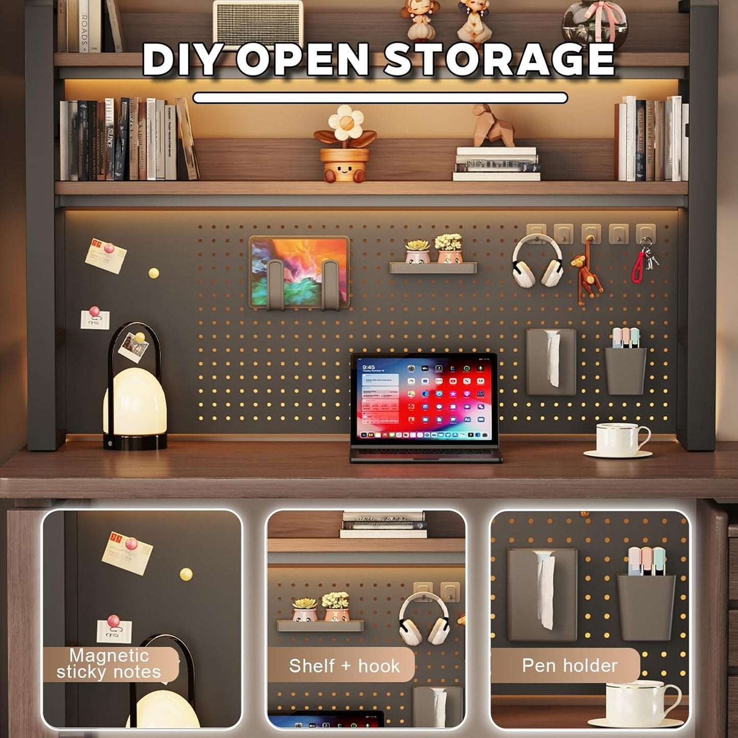 2-Tier Computer Desktop Bookshelf, Metal and Wood Desk Organizer Shelf with Pegboard, Small Freestanding Rack for Gaming, Study, and Display, for Home Office and Dorm