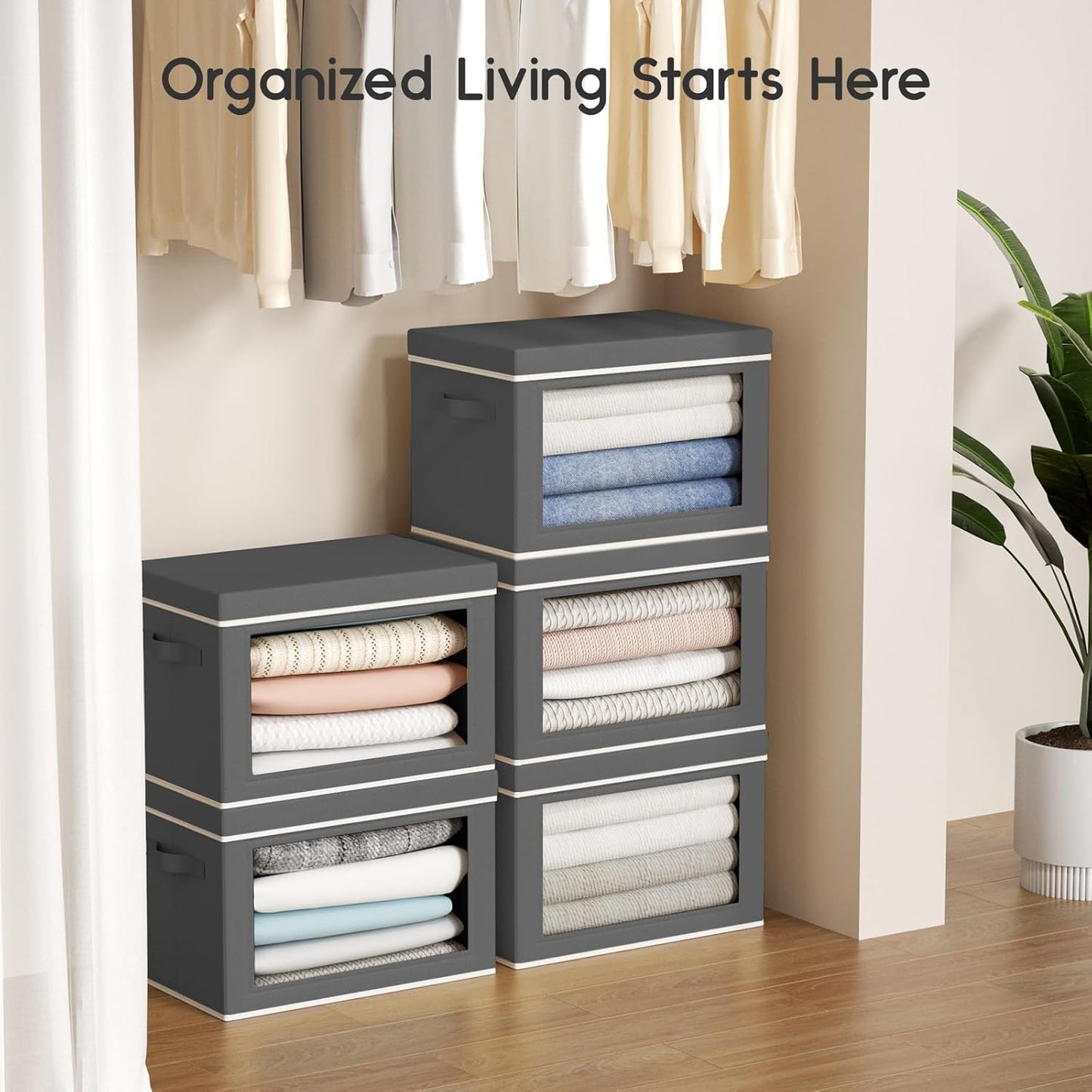 Collapsible Storage Bins with Lids - Stackable Storage Containers with Window, 6 Pack Fabric Cube Bins for Closet, Home & Office Organization Baskets, Dark Gray, 14.9" x 9.8" x 9.8"
