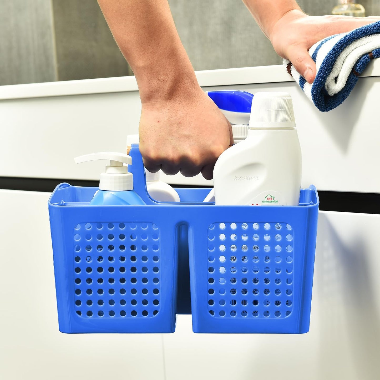 Portable Shower Caddy Basket with Compartments, Plastic Divided Cleaning Caddy Organizer Storage Tote with Handle for Bathroom, College, Dorm Room Essentials, Deep Blue