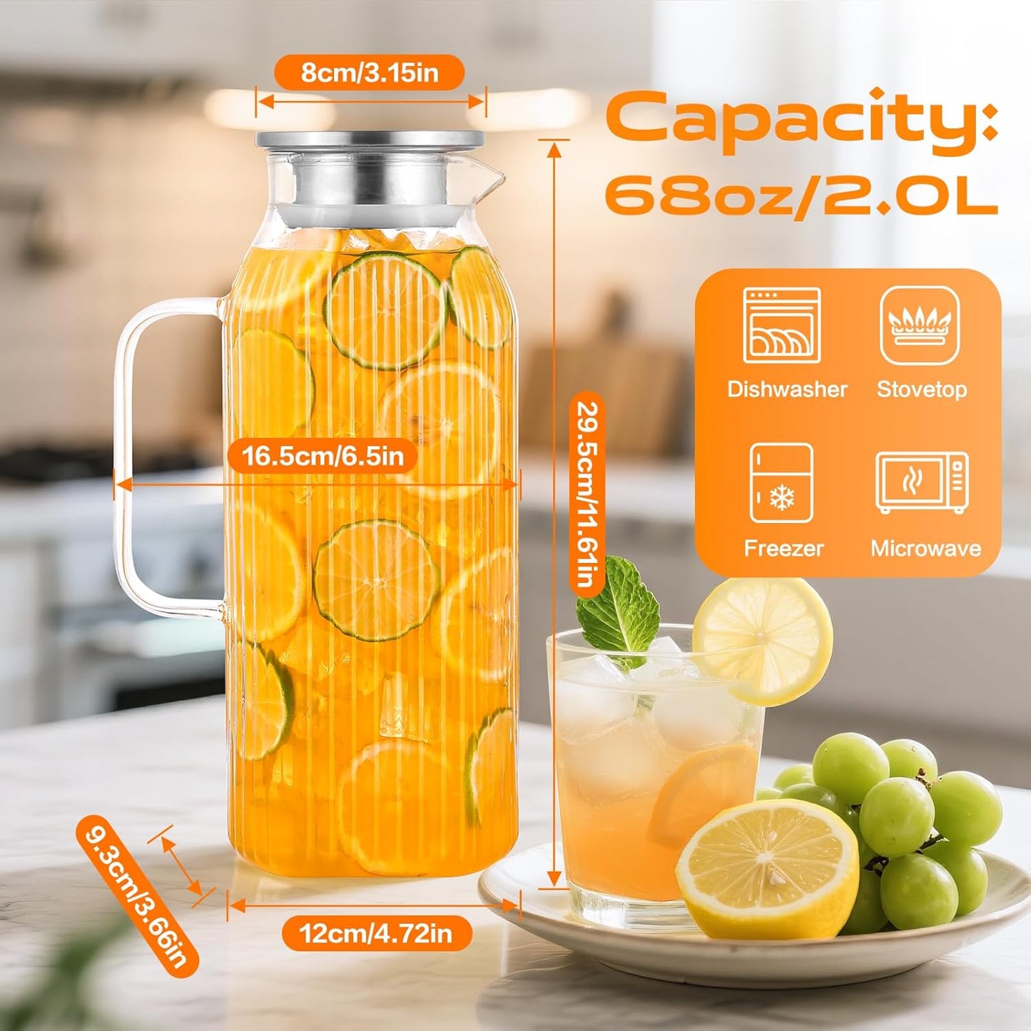 2 Liters/68oz 2 Pack Stripes Glass Pitcher with Lid and Handle for Fridge Door, Aofmee Borosilicate Glass Heat Resistant Dishwasher Safe Iced Tea Jar, Carafe with Scale Line for Hot/Cold Beverage