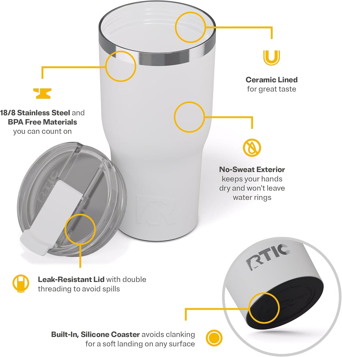 RTIC 30oz Essential Tumbler with Lid, Ceramic Lined, Insulated, Stainless Steel, Metal, Double Wall Vacuum-Insulation, Travel Cup for Iced Coffee, Tea, Hot and Cold Drink, White