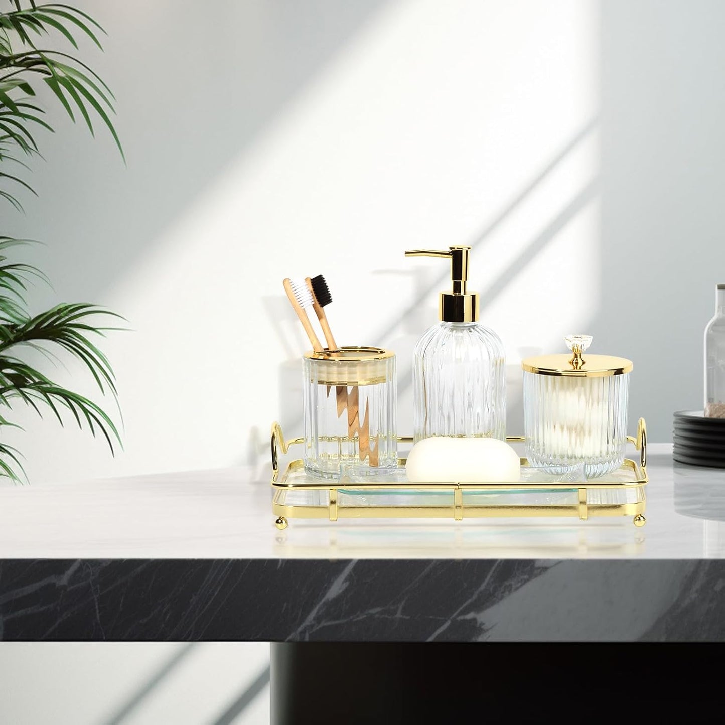 Designer Clear Glass Bathroom Accessories Sets - 4 Pcs with Lotion Soap Dispenser, Bathroom Toothbrush Holder, Vanity Tray, and Apothecary Jar, Vintage Bathroom Decor, Gift Countertop Organizer