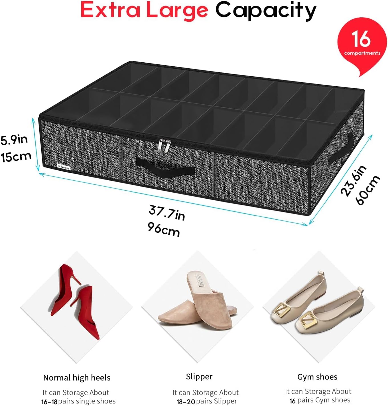 Onlyeasy Sturdy Under Bed Shoe Storage Organizer Fit 8 to 16 Pairs, Collapsible Closet Underbed Shoes Container Bags with Reinforced Handles, 37.7x23.6x5.9in, Linen-like Black, MXAUBS16P1