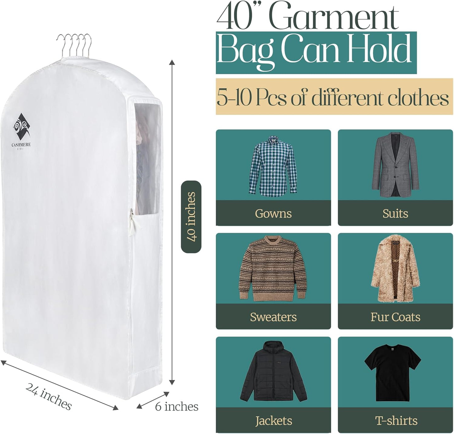 Premium 40” Short Cotton Garment Bag For Hanging Clothes And Storage | Wide 6” Gusset & 4 Cedar Blocks For Fresh Smell And Moth Protection | Best For Suits, Fur Coats, Leather Jackets, Sweaters.