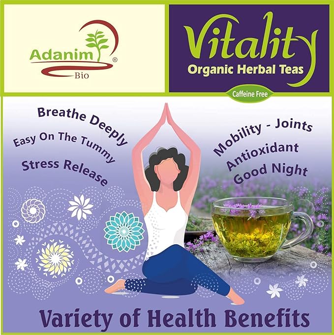 Adanim Bio Vitality Organic Herbal Tea Sampler Tea Set Variety Pack 8 Flavors Assorted Tea 64 Individually Wrapped Tea Bags Caffeine Free Natural Ingredients Christmas Tea Birthday Gift Box for Women