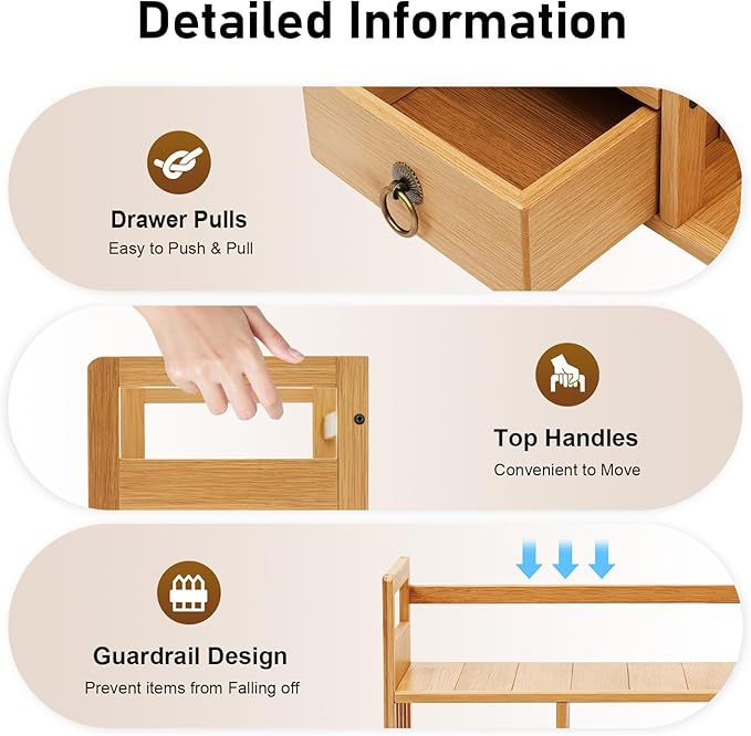 Bamboo Desk Shelves with 3 Drawers Office Desktop Storage Rack Desk Top Document Storage Organizer Rectangular Desktop File Holder Open Design for Office Home School 19.7 * 7.5 * 17.7in