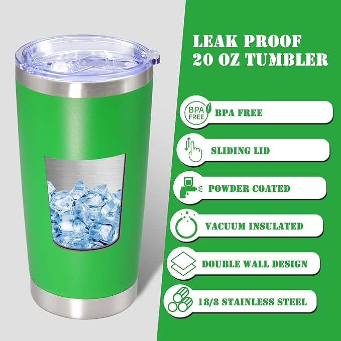 20 oz Tumbler with lid Double Wall Vacuum Insulated Tumblers Stainless Steel Coffee Mug Travel Coffee Tumbler Powder Coated Tumbler Cup Keep Hot&Cold - (Green 12 Pack)