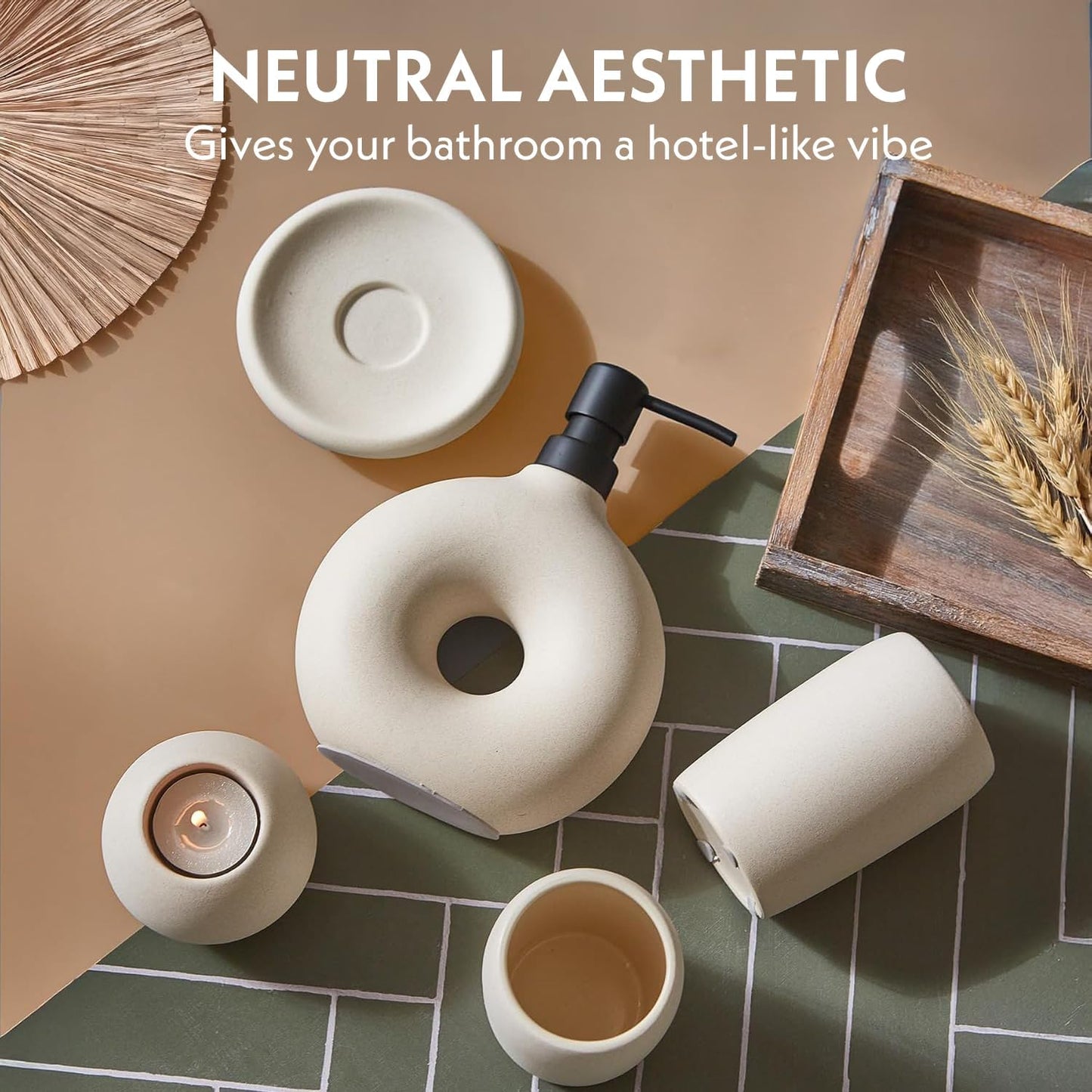 Ceramic Bathroom Accessory Set, 5 Pcs - Soap Dispenser 16 Oz, Toothbrush Cup, Toothbrush Holder, Soap Dish, Candle Holder - Beige, Boho Bathroom Sink Decor, Modern Countertop Accessories