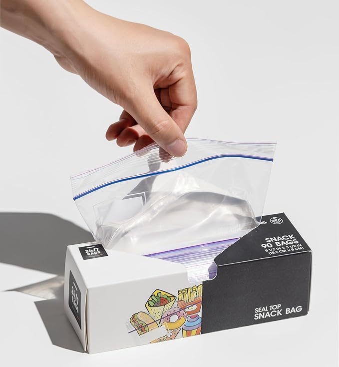24/7 Bags- Snack Zip Storage Bags, 180 Count, Single Zipper Seal, Easy Grip Open Tabs, Write-On Space, BPA-Free & Heavy Duty, Microwave Safe, Non-StandUp