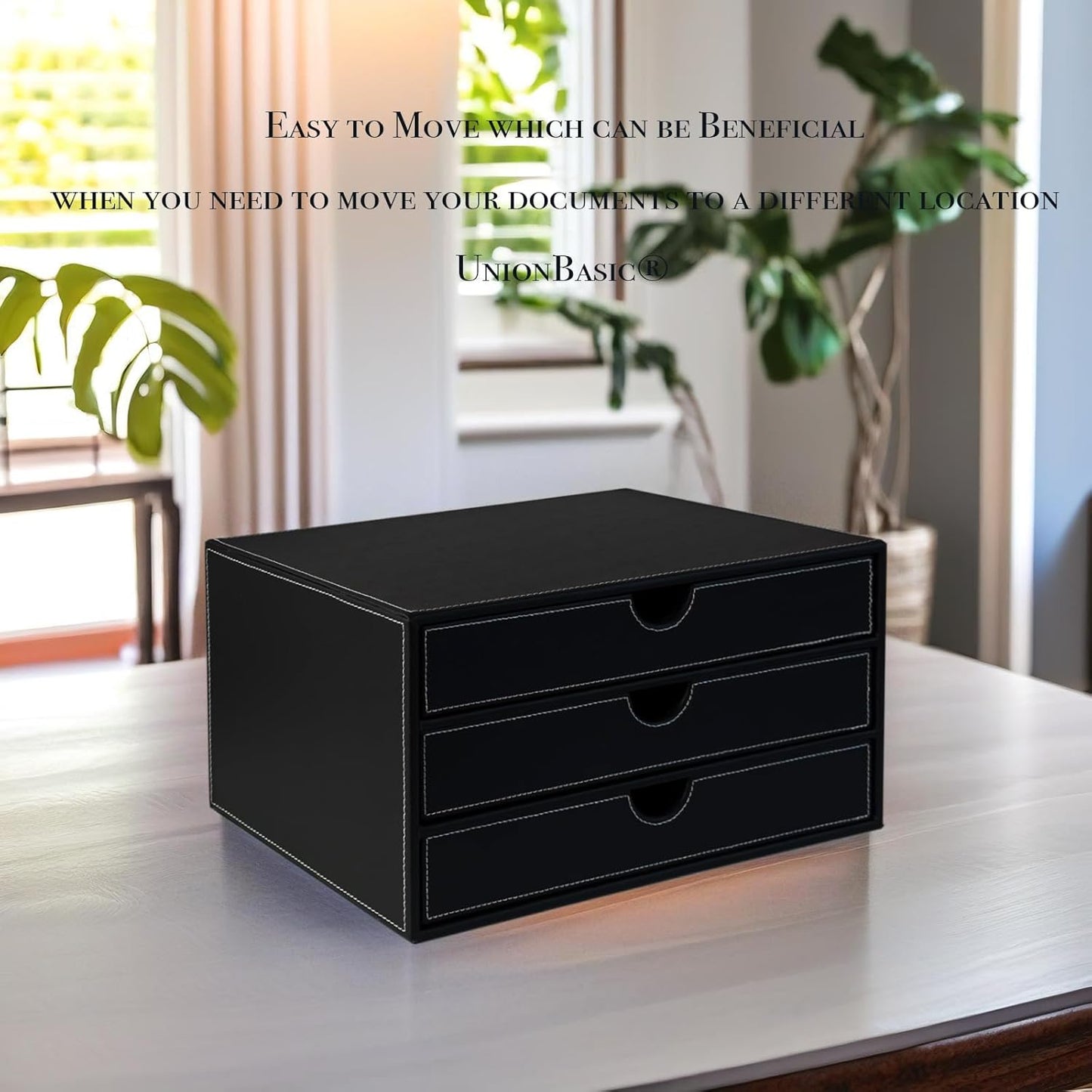 UnionBasic Document Organizer, 3-Drawer File Cabinet Document Storage Box, Office Desktop Filing Organizer, Black with White Stitching