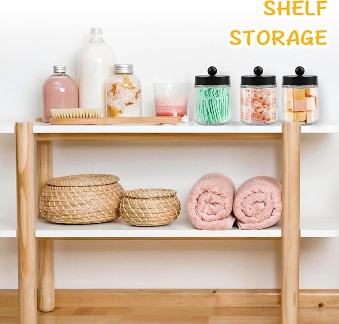 4 Pack Glass Apothecary Jars with Lids for Bathroom, Cute Qtip Holder, Black Bathroom Accessories Set, Small Bathroom Canisters with Lids for Q-Tips, Cotton Swabs, Black Bathhouses Decor