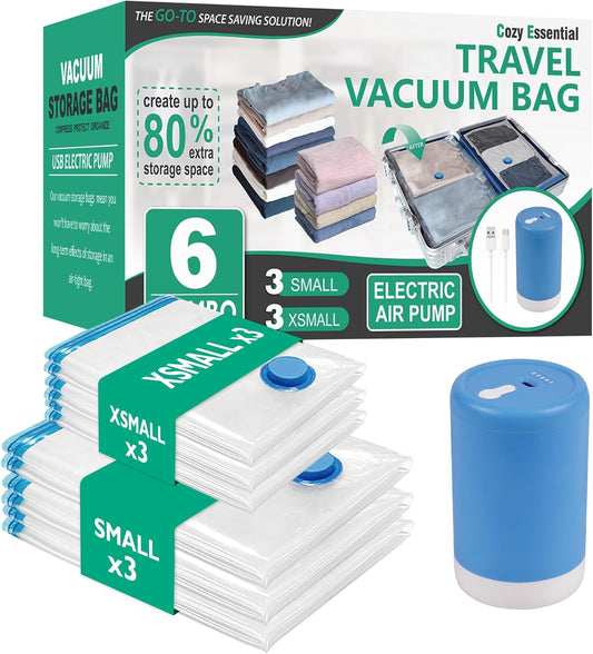 Cozy Essential Travel Vacuum Bags with Electric Pump, 6 Pack Vacuum Travel Bags for Luggage and Suitcase, Vacuum Seal Space Saver Compression for Clothes Clothing