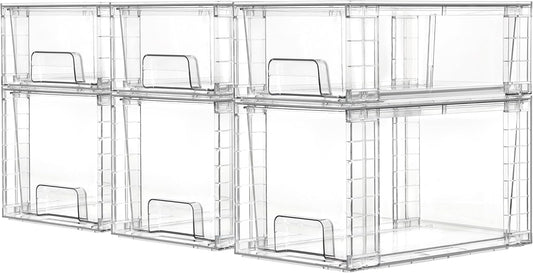 Vtopmart 6 Pack Clear Stackable Storage Drawers,Easy to Assemble Bathroom Organizers and Storage with handles,Plastic Drawers for Kitchen Pantry,Cabinet,Under Sink Organization