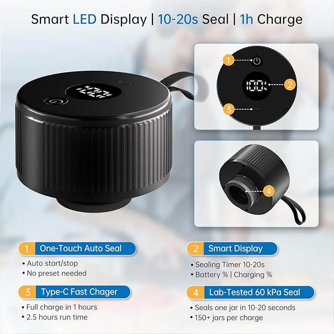 Electric Mason Jar Vacuum Sealer Kit, 3-in-1 Handheld Automatic Vacuum Sealer for Mason Jars, Canning Sealer Machine for Jars, Containers, Vacuum Bags | Present for Mom, Black