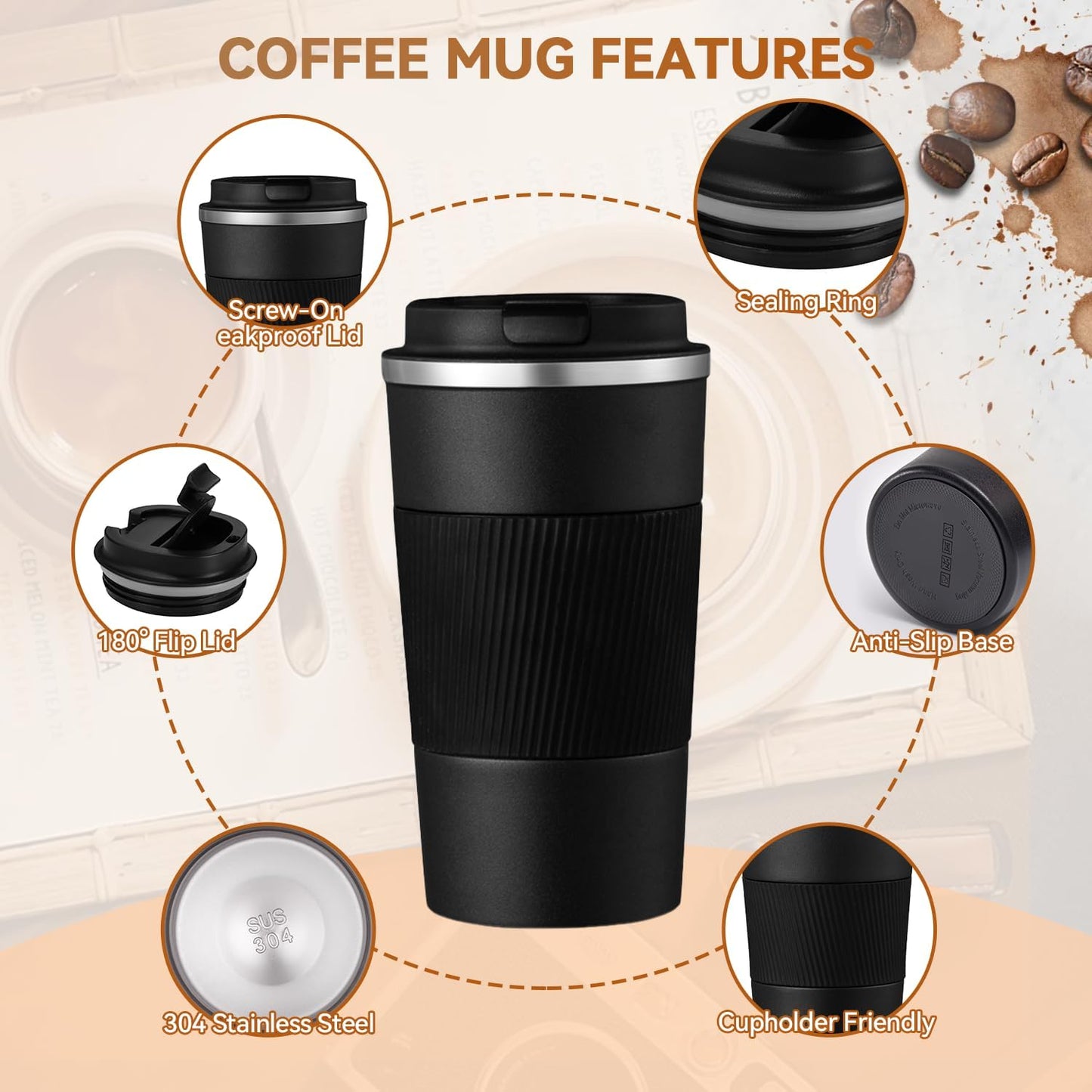 17OZ Travel Coffee Mug Insulated Coffee Cup with Spill Leak Proof Lid, Portable Stainless Steel Tumbler Reusable Hot and Cold Water Mug for Car, Daily, Camping- Black
