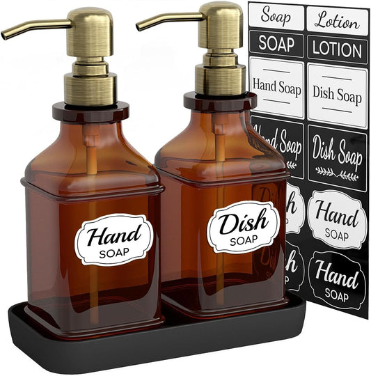 Soap Dispenser - 2 Pack, Antique Design Thick Amber Glass Hand Soap Dispensers with Sturdy Tray; 304 Rust Proof Stainless Steel Black Pump, 12Pcs Stickers, for Kitchen, Bathroom - Brushed Gold