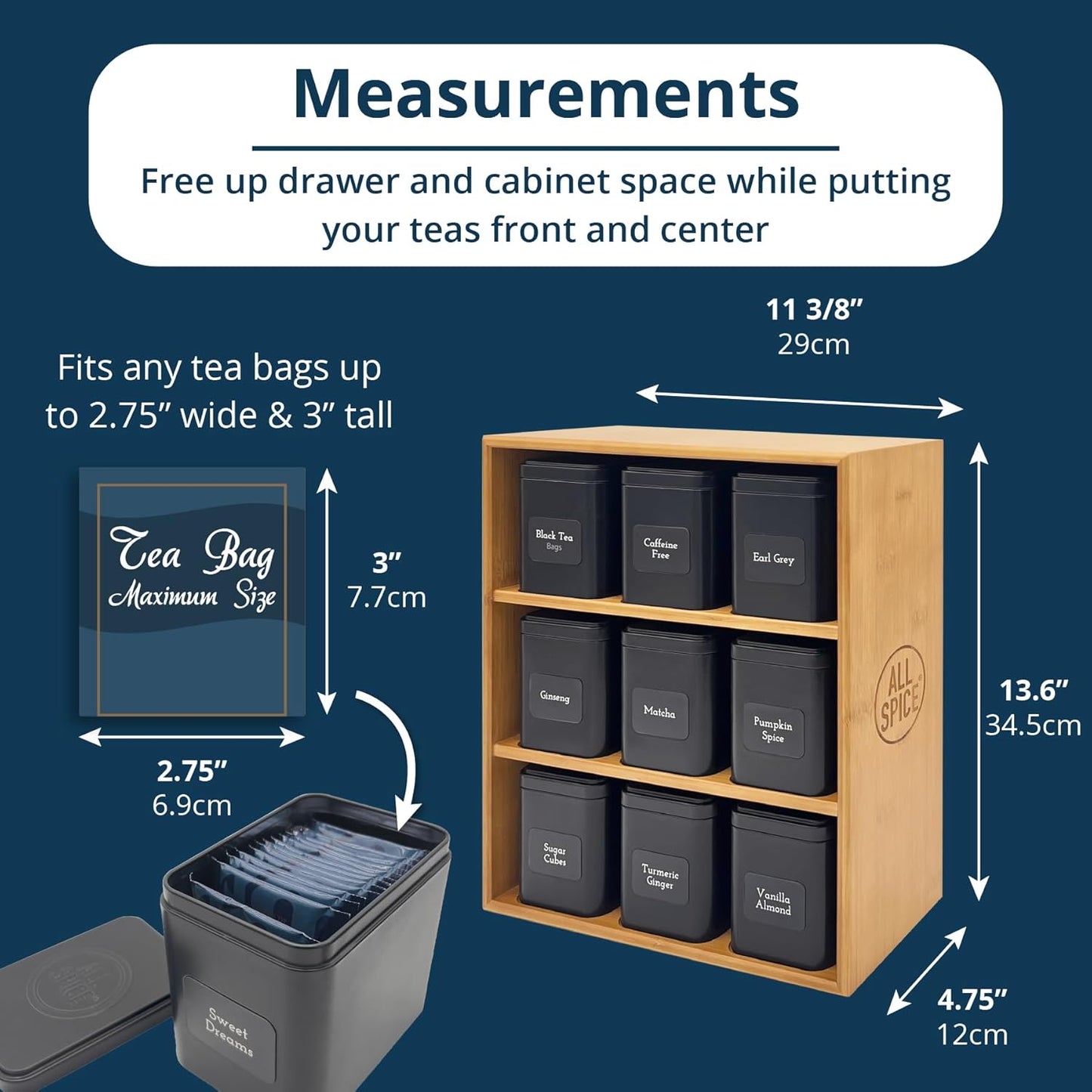 AllSpice Tea Organizer Rack with 9 Tins & 160 Magnetic Labels – Perfect for Bagged & Loose Leaf Tea Organization - Bamboo