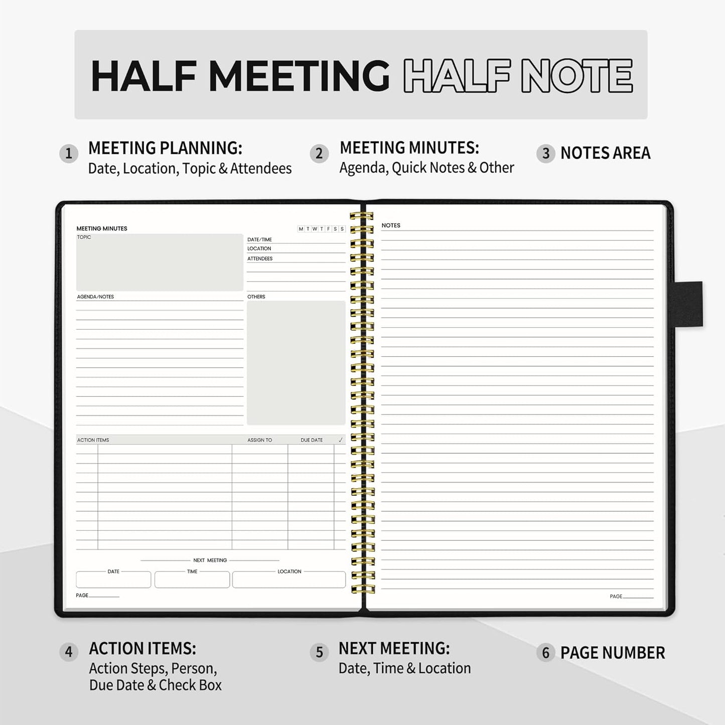 SUNEE Half Meeting Half Note - 7.5"x10" Professional Notebooks for Work - 160 Pages, B5 Size Project Planner, Spiral Meeting Agenda Organizer for Women Men, Note Taking,Office with Vegan Leather Cover