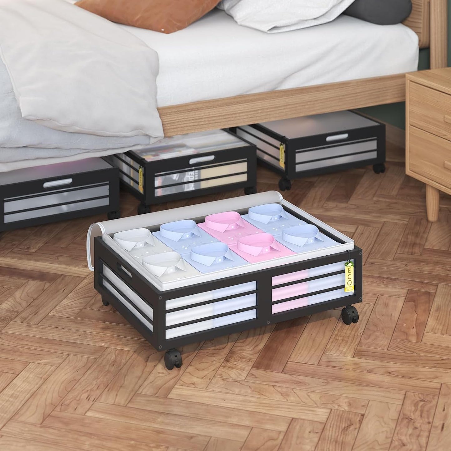 Under Bed Storage Containers with Wheels, Larger Bamboo Wood Under Furniture Storage Containers with Dust Bags，Rolling for Shoes Clothes
