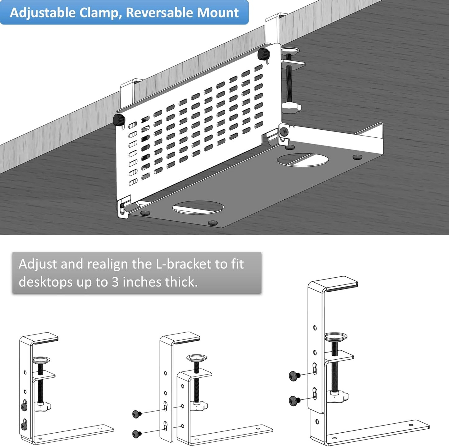 AEONS Universal Under Desk Cable Management Tray-Clamp Mount Hinged Swing Modesty Panel Organizer for Office Desks, Easy Access Flip-Down Position Power Strip Cord Storage No-Drill, 25 lb Capacity