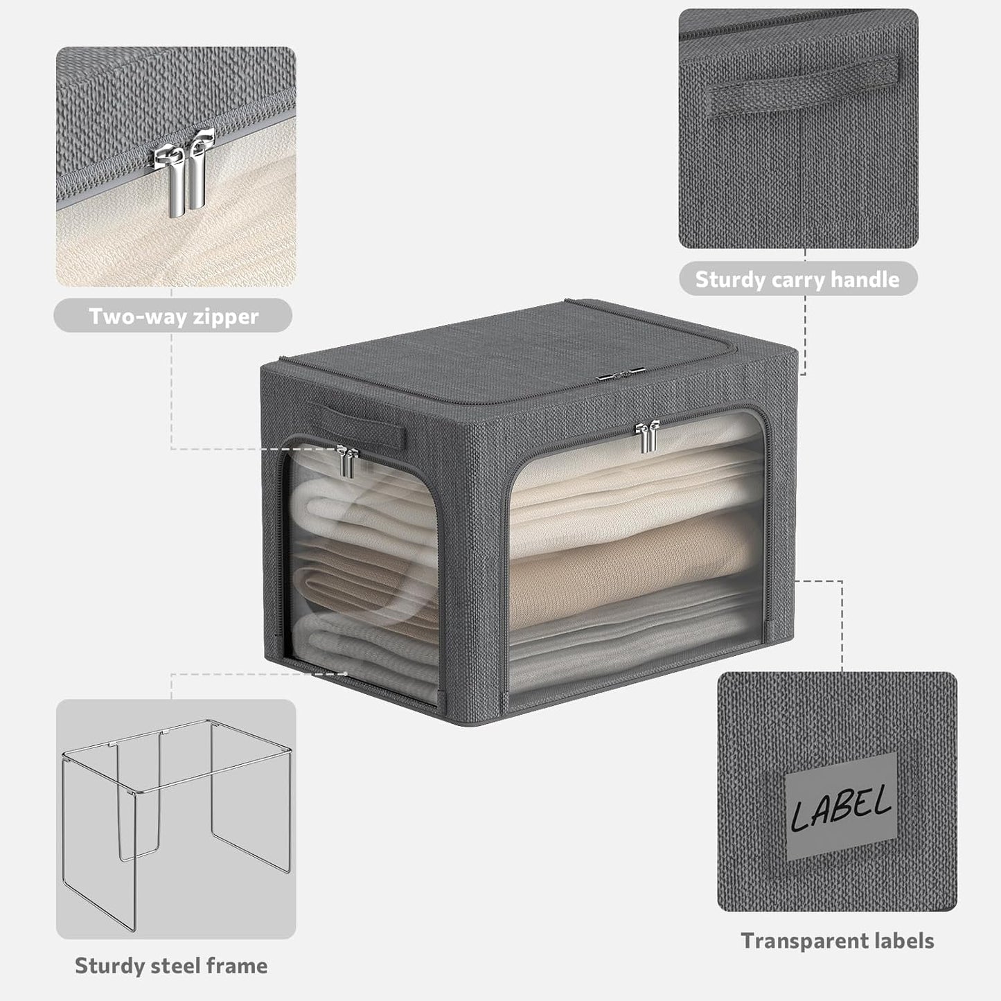 3Pack Stackable Foldable Storage Bin - Metal Frame Storage Box Clothing Storage Organizer with Clear Window, Carry Handles (66L-19.7x15.7x13in, Dark Grey)