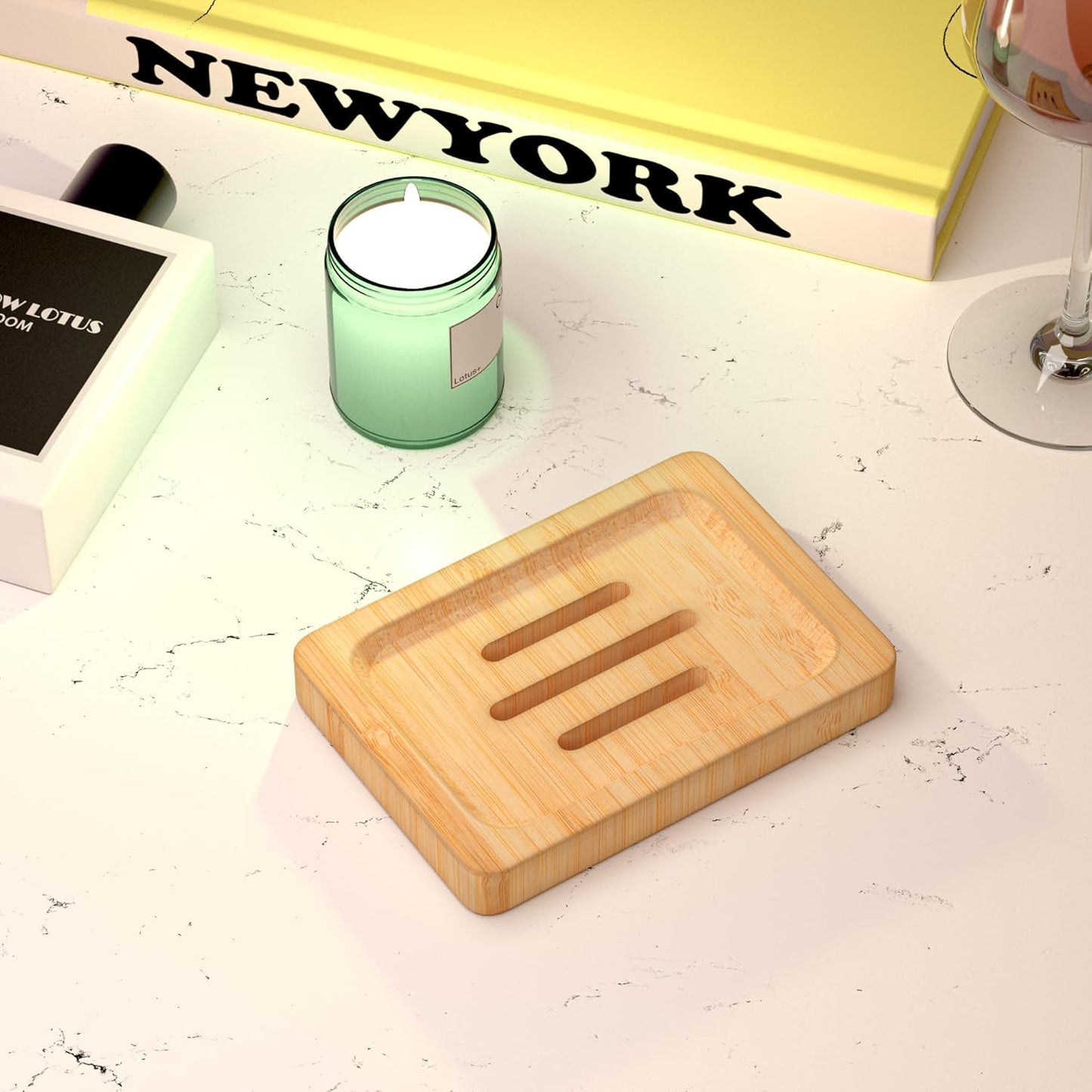 Bamboo Bathroom Accessories Set 2pcs - Wooden Bar Soap Dish Holder and Bamboo Tray for Bathroom, Kitchen Countertop, Shower, Neutral Kitchen Sink Dish Soap Tray, 9 inch, Natural