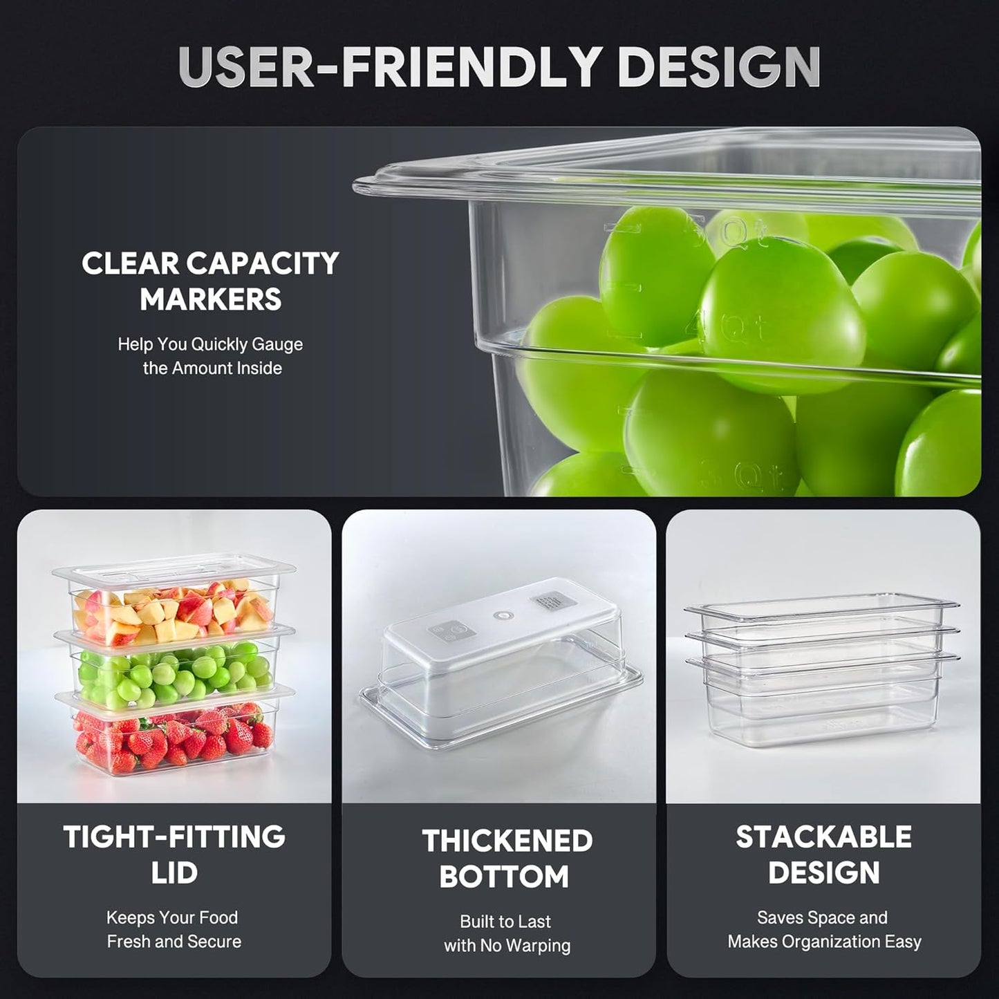 WILPREP 6 Pack Plastic Food Pans with Lids NSF Listed, 1/3 Size 6 in Deep Clear Food Storage Containers, 6.3 qt Stackable Polycarbonate Commercial Hotel for Fruits Vegetables Beans Corns