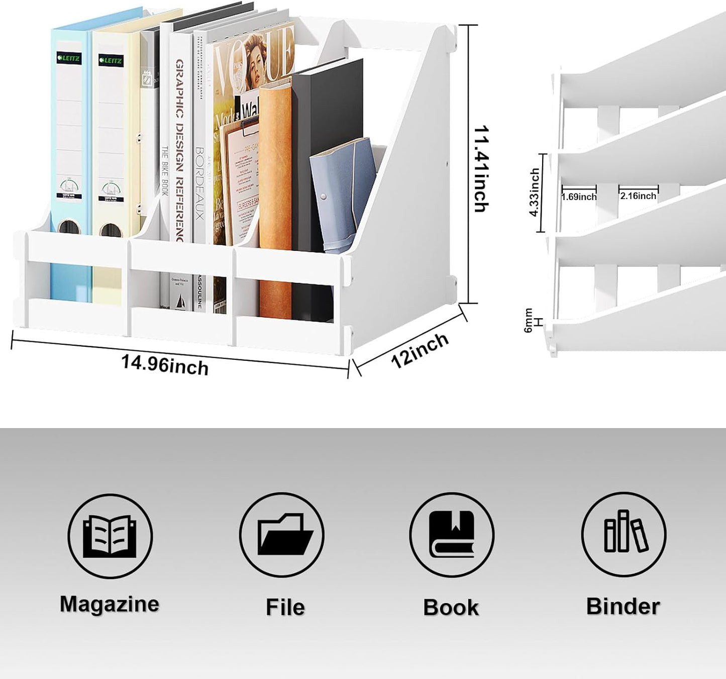 Bamboo Desktop Magazine Holder Desk File Organizer 3 Compartments Vertical File Dividers Book Holder Frames Document Cabinet Rack Storage Organizer Box for Home Office School Black (White)