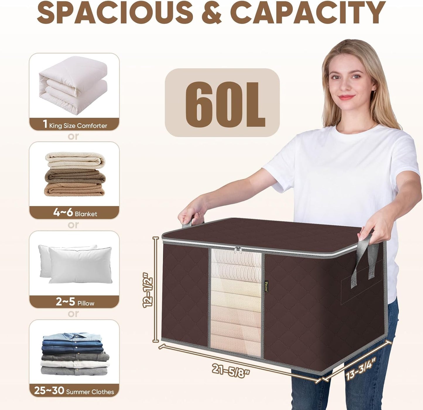 BALEINE 2 Pack Clothes Storage Bags, 16 Gallon Storage Containers with Reinforced Handle, Sturdy Zipper, Closet Organizer for Blanket, Comforter, Pillow, Bedding (Brown, 2 Pack)