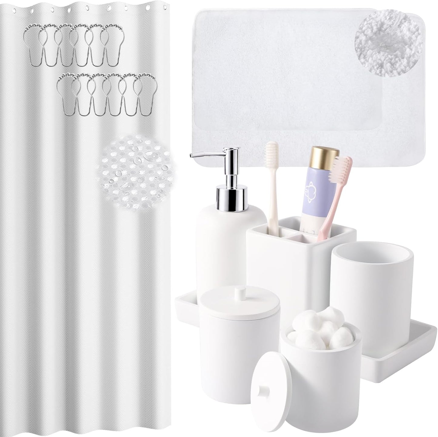 21 Pcs Bathroom Accessory Set with Waterproof Shower Curtain and Non Slip Mat,Resin Bath Set with Toothbrush Holder and Lotion Soap Dispenser,Bathroom Countertop Organizer Set for Home Apartment