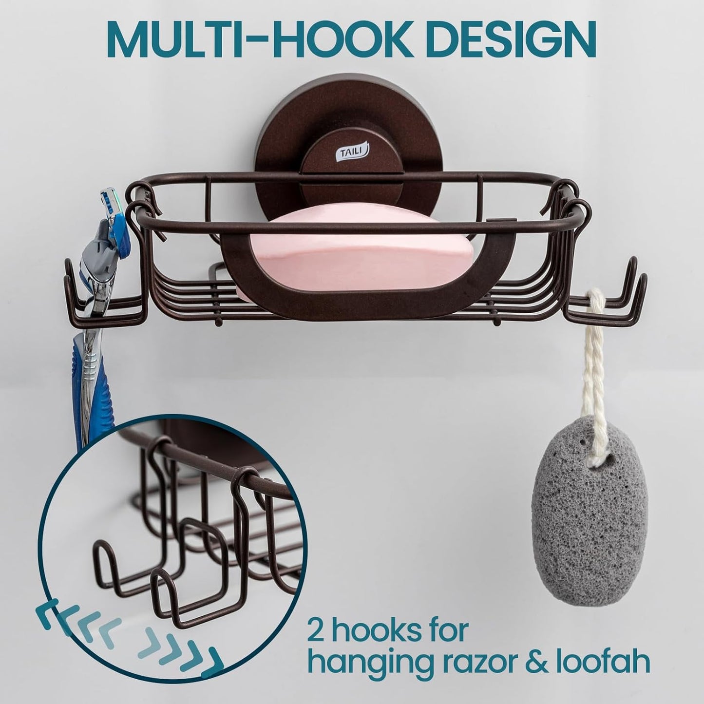 TAILI Soap Bar Holder Dish with Hooks, Shower Soap Tray Saver Suction Cup with Razor Holder for Wall, Rustproof Stainless Steel Bath Shampoo Caddy for Bathroom Accessories Organizer,Brown