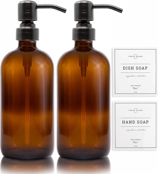 Vine Creations Amber Glass Soap Dispenser, 2 Pack Kitchen Soap Dispenser Set with Stainless Steel Pump, 16 oz Dish Soap and Hand Soap Dispensers for Bathroom with Waterproof Labels