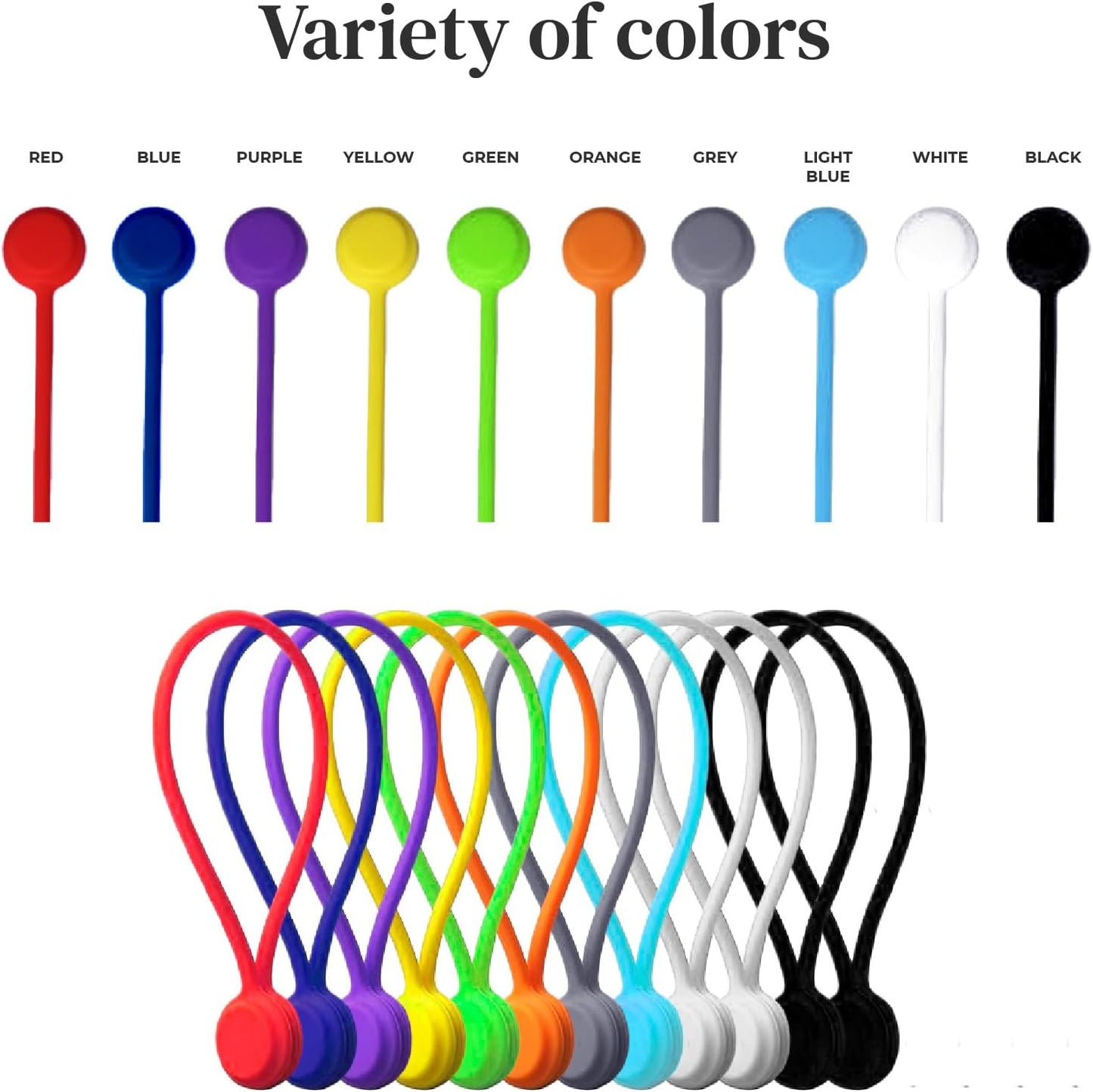 Magnetic Cable Management Organizer | 12 Pack Reusable Cable Ties & Cord Holder with Magnetic Clips | Silicone Cable Ties & Cord Keeper for Smart Home Gadgets, Assorted Colors