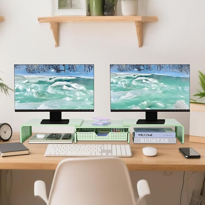 Dual Monitor Stand Riser with Drawer, Desk Organizer and Accessories, Metal Laptop Stand for Desk, Workspace Desktop Stand for Computer, Laptop, TV and More (Mint Green)