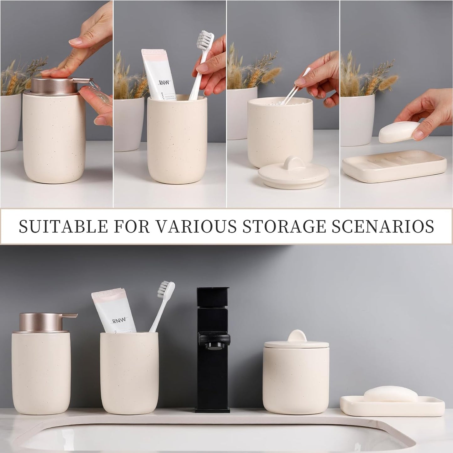 BosilunLife Ceramic Bathroom Accessories Sets - Apricot Bathroom Vanity Sets Accessories Soap Dispenser Toothbrush Holder Set, Soap Dish and Cotton Swab Jars, Bath Accessories Sets for Bathroom